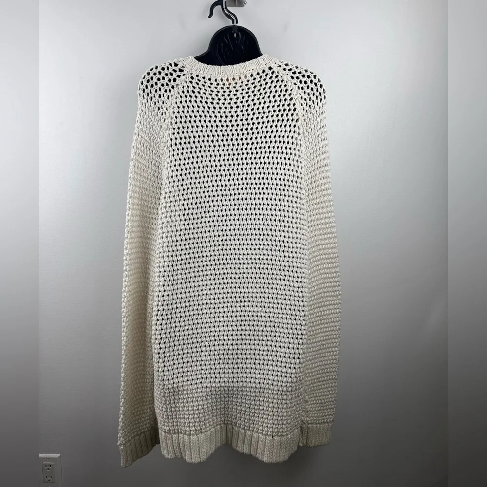 Tory Burch Women Cotton Open Knit‎ Wool Grid Pattern Longline Sweater Size Large
